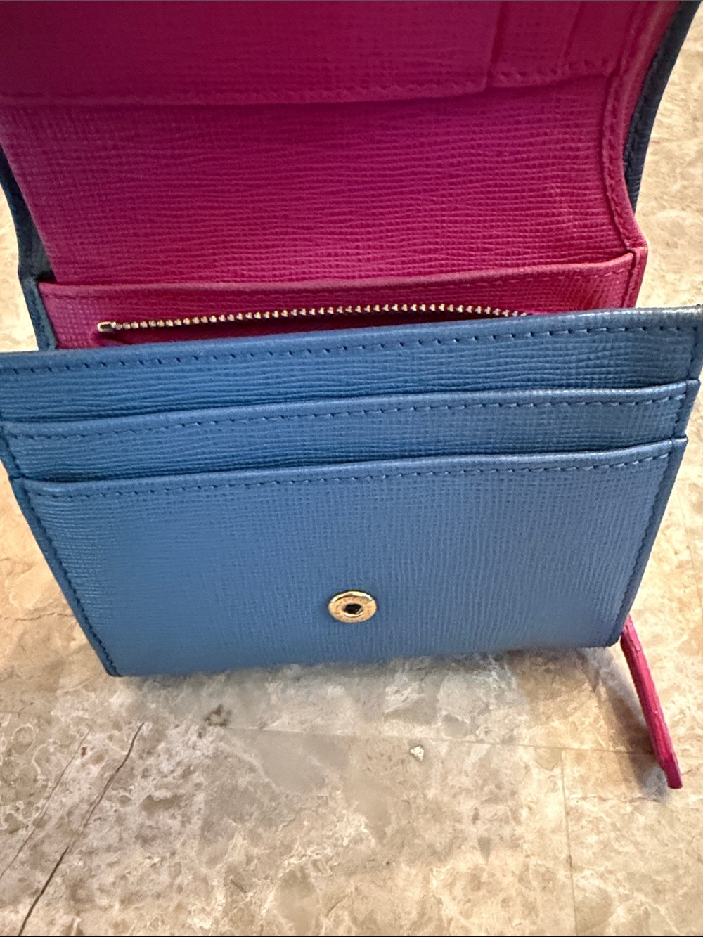 Fendi Authentic Textured Navy Leather Trifold Wallet with Gold Logo Plate - Picture 12 of 17